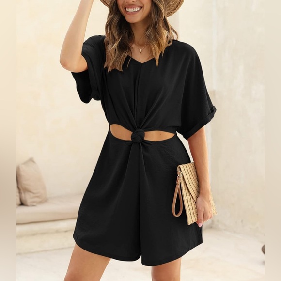 DEEP SELF Women’s Summer Short Sleeve Rompers Casual V Neck Knot Front Cut - Picture 6 of 7